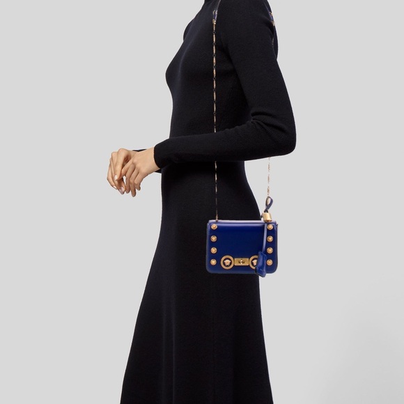 Versace Royal Blue Leather Medusa-Embellished Crossbody Bag with Gold Hardware - Picture 3 of 7